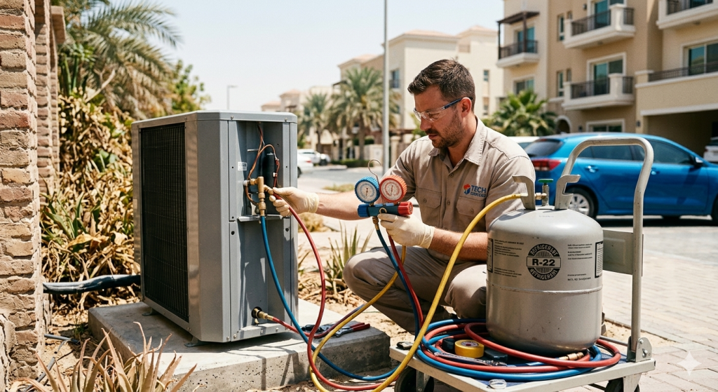 AC gas refill JVC Dubai technician checking refrigerant levels in split unit